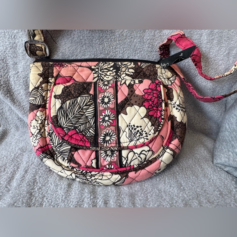 Vera Bradley Pink and Brown Crossbody Bag with Quilted Floral Design